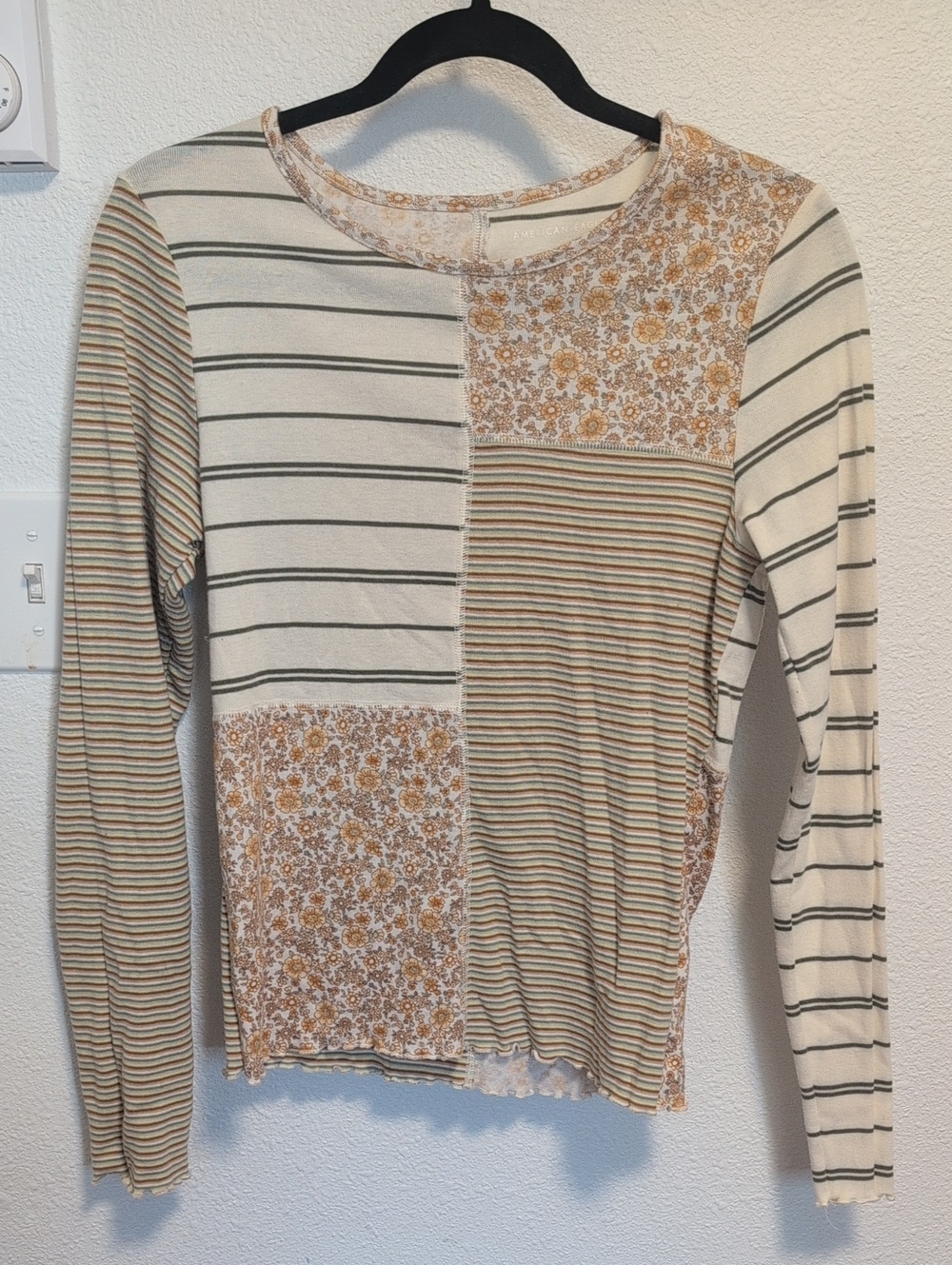 AE American Eagle Long Sleeve Patchwork Floral & Stripe Top